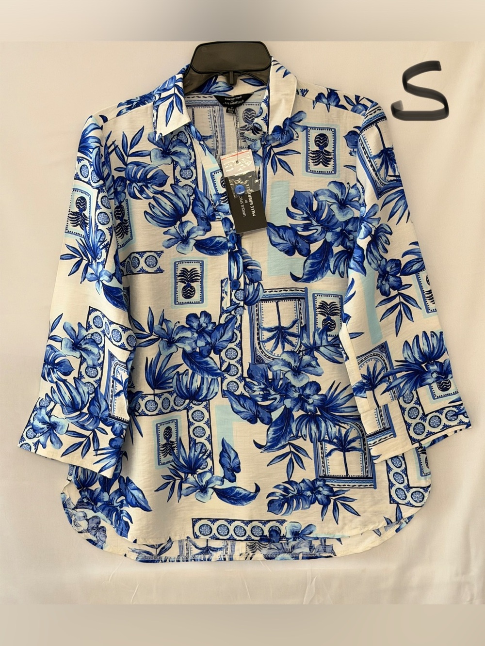 Mlle Gabrielle White Button-Down Top with Blue Floral Tile Print